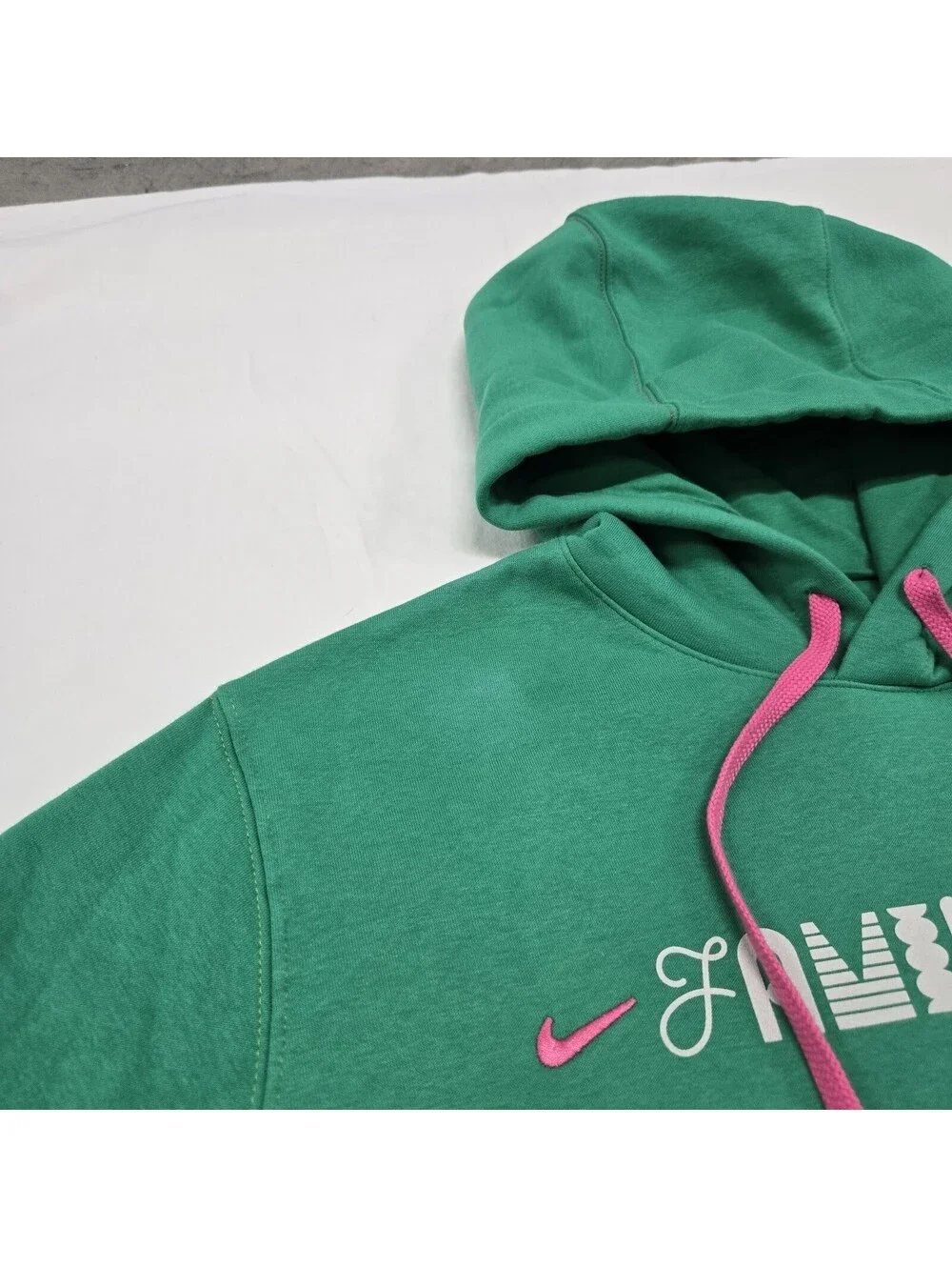 Size LARGE Men's Nike Club Fleece Familia Hoodie Stadium Green 2 Sided Graphic